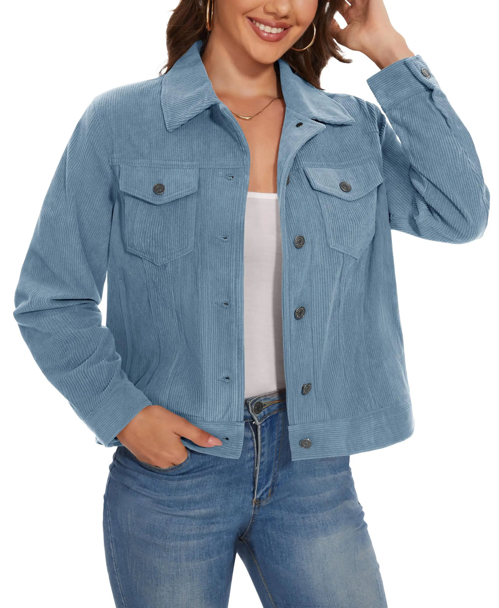 Women's Corduroy Cargo Jacket — Button-Down, 4 Pockets — Light Blue