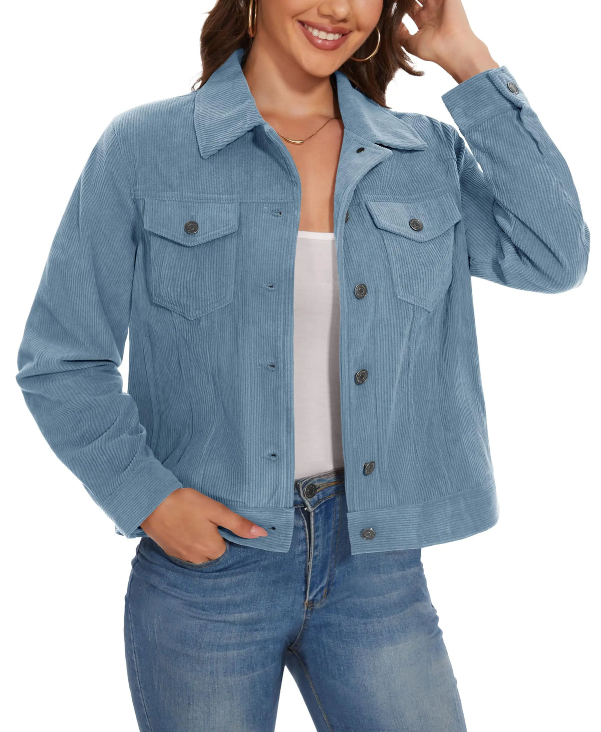 Women's Corduroy Cargo Jacket — Button-Down, 4 Pockets — Light Blue
