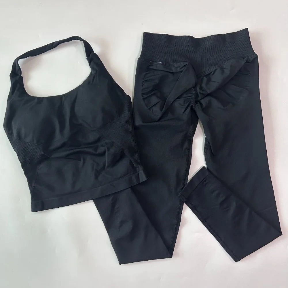 Seamless 2-piece workout set for women — black backless top and high-waist scrunch long leggings