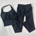 Seamless 2-piece workout set for women — black backless top and high-waist scrunch long leggings