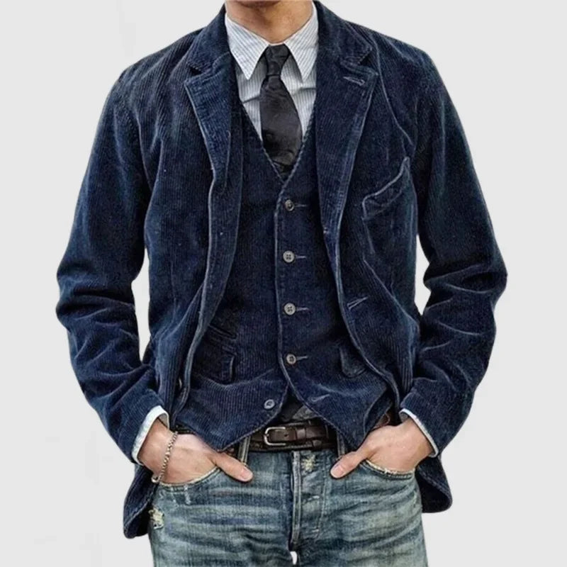 Men's Corduroy Casual Jacket — Suit-Collar Blazer Style — Dark Blue