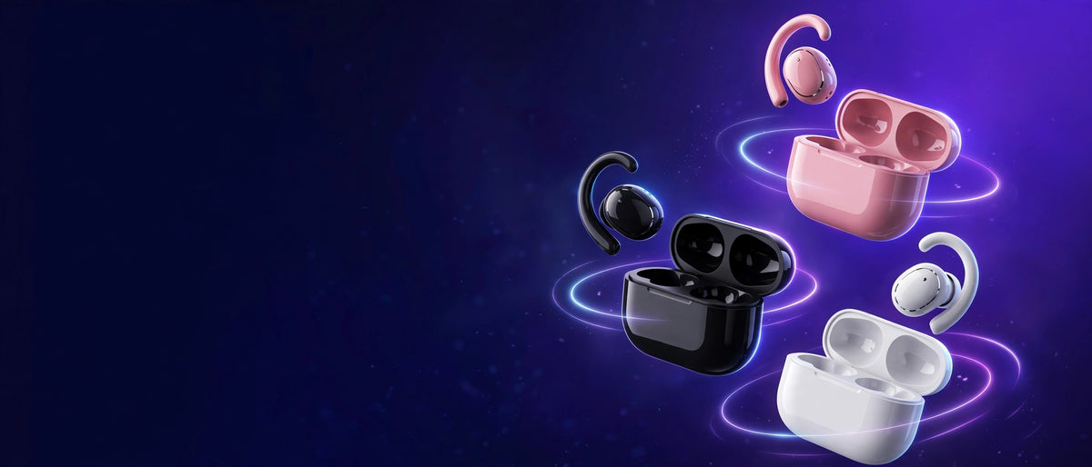Maxtech19 hero banner - QCY Crossky C50 open-ear clip earbuds in Pink, Black and White