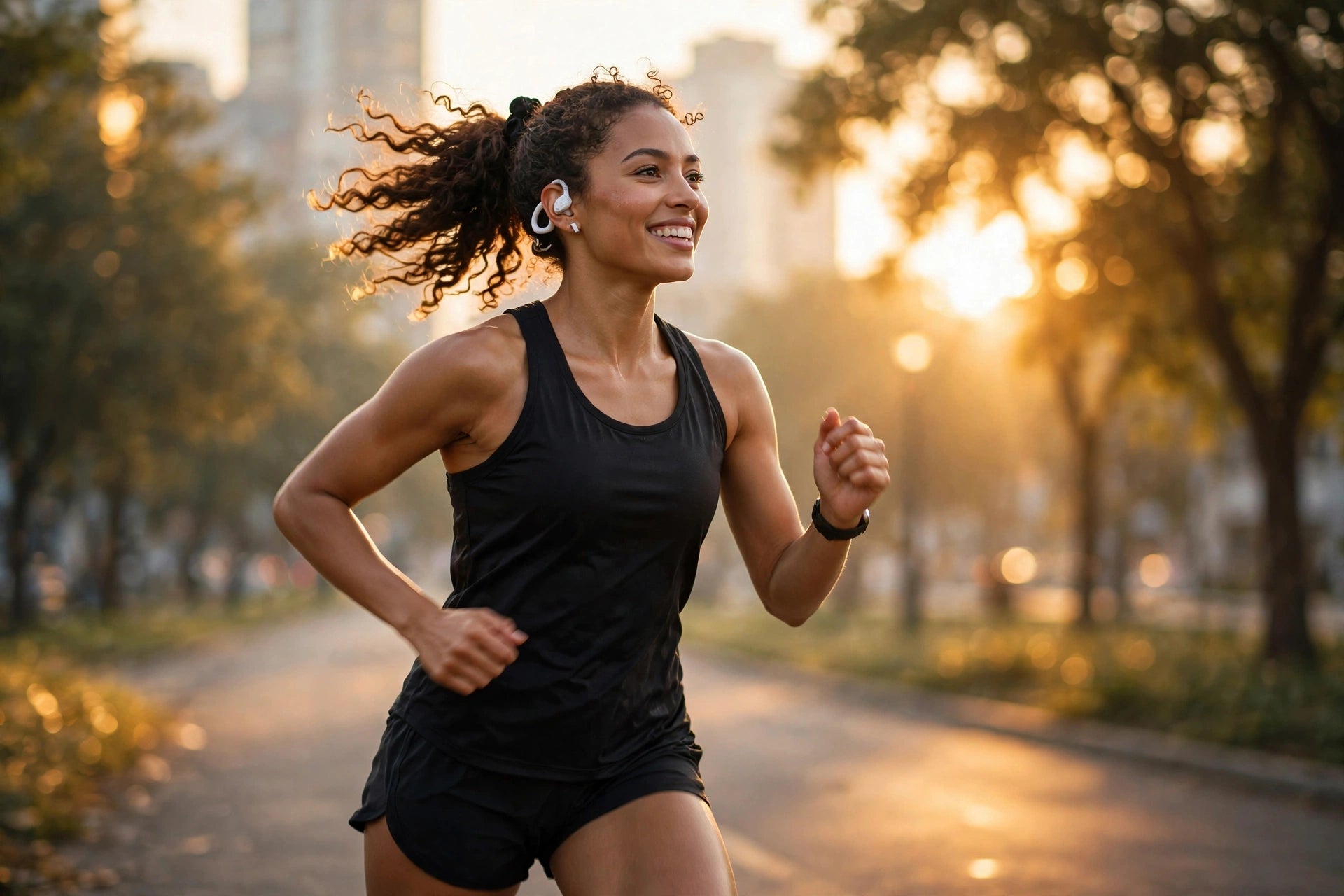 Runner at sunrise wearing Maxtech19 open-ear clip earbuds